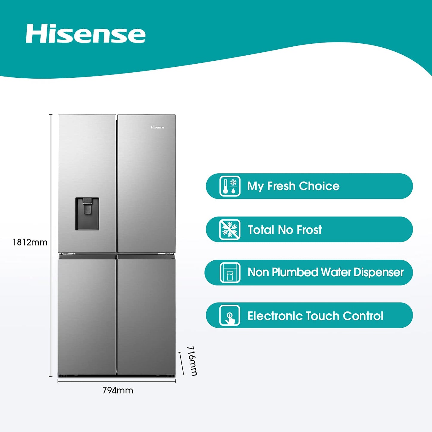 Hisense RQ560N4WCF Freestanding American Fridge Freezer Cross Door, No Frost, 454 liters, Stainless Steel s