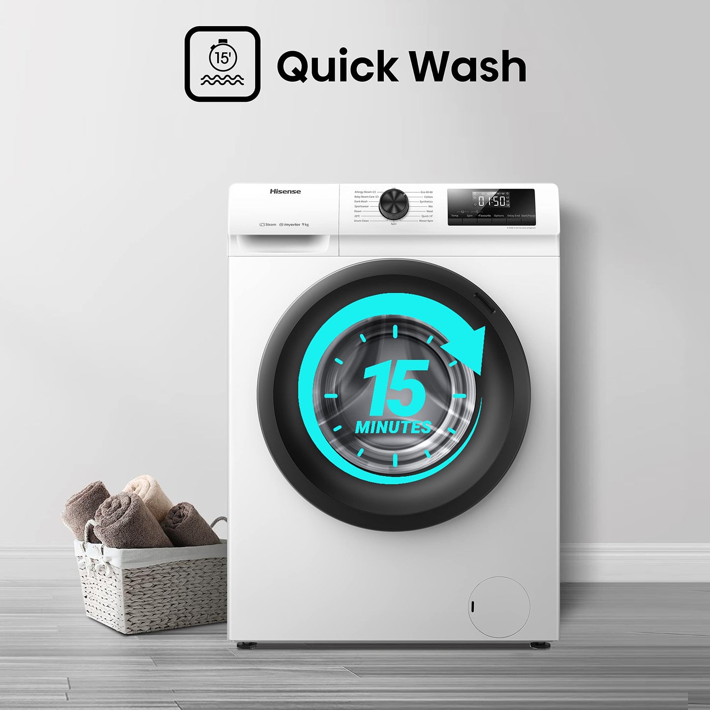 Hisense-WFQP9014EVM-Freestanding-9 KG-Front Load Washing Durable Inverter Machine-Steam Wash-Quick